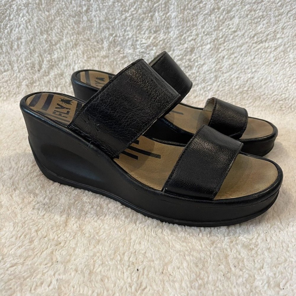 Fly London Besy Platform Slide Chunky Wedge Black Mousse Sz 40EU/ 9M